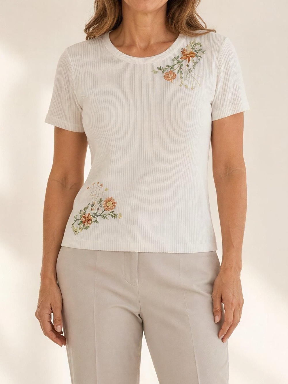 Vintage Valentini Cream Short-Sleeve Floral Embroidered Rib Knit Top